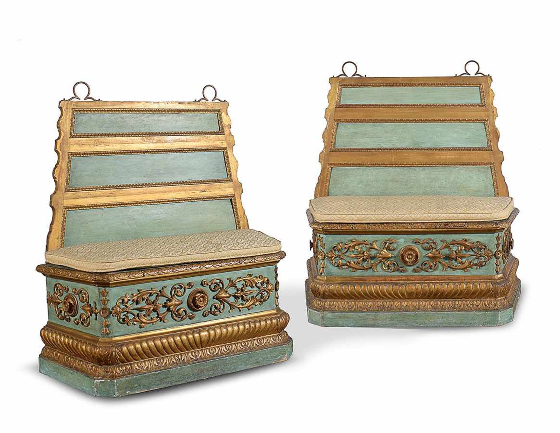 A pair of Roman green laquered and gilt-wood benches 18th century, 129x118x44cm. (some laquer