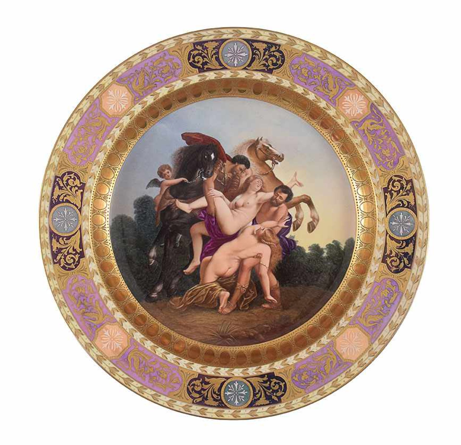 A large Vienna polychrome porcelain plate painted with the scene of the Rape of the daughters of