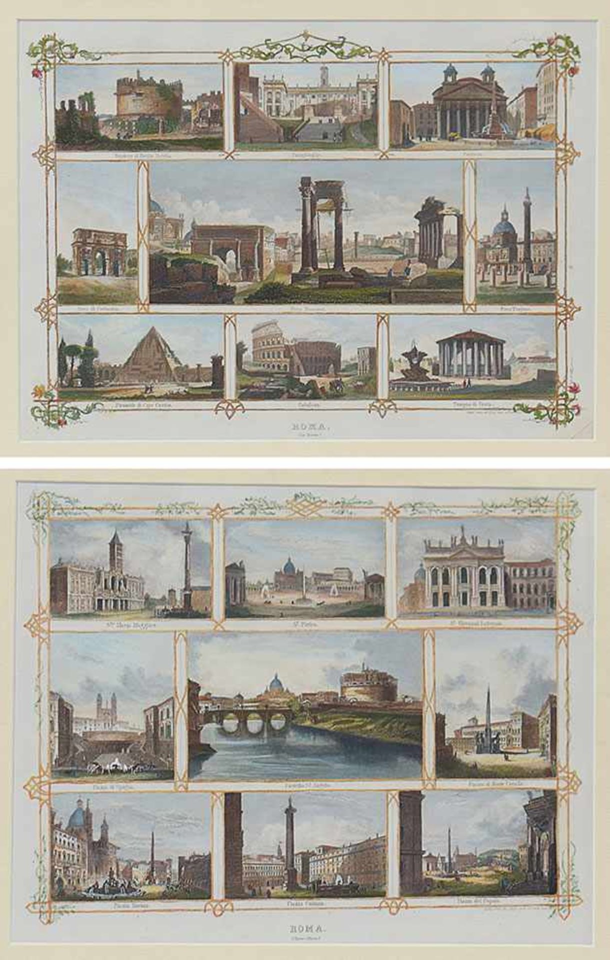 A pair of watercolored engravings with nine views of Rome each, 22by30cm.