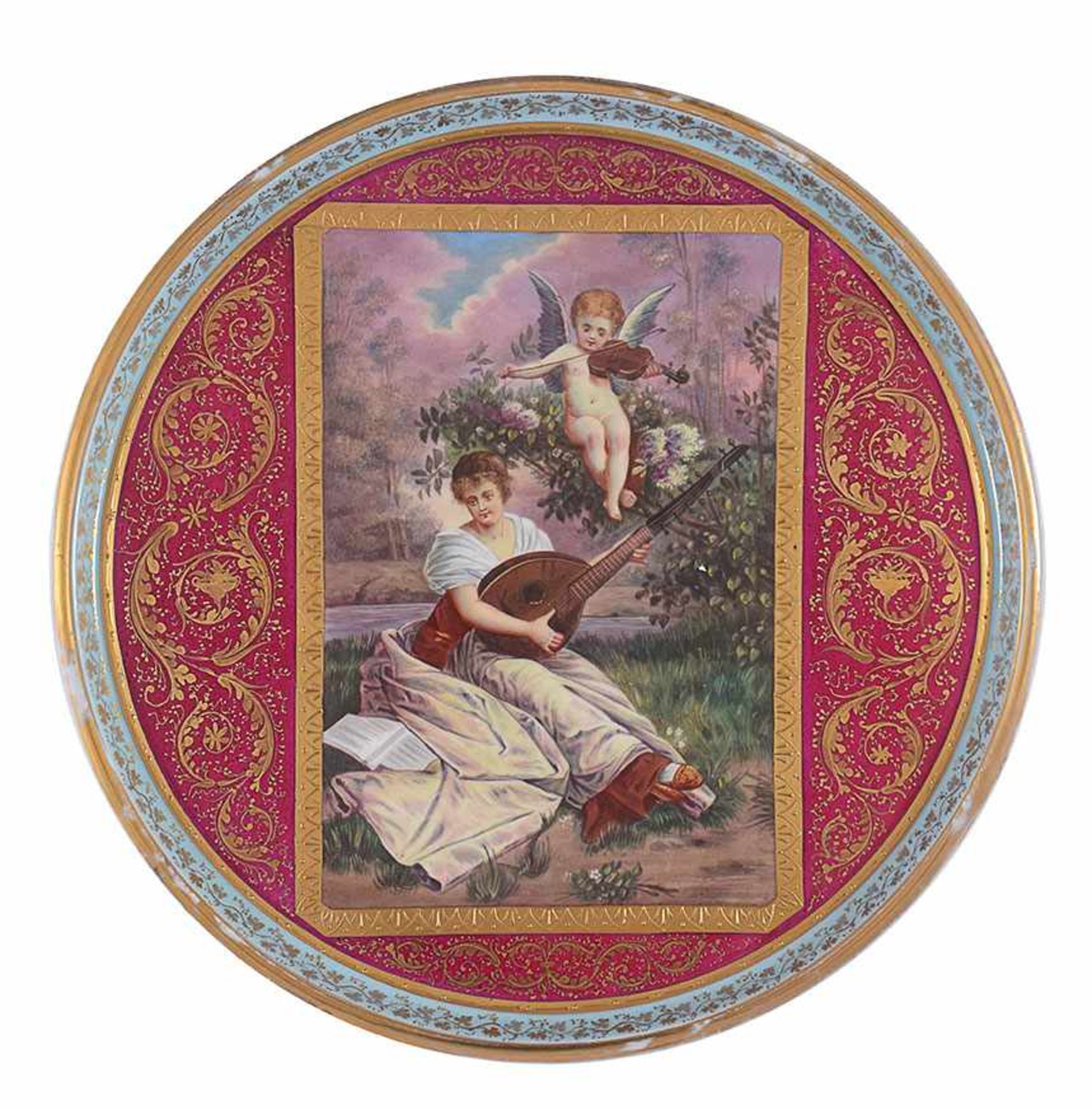 A large Vienna polychrome polcelain plate painted with a musical allegory, late 19th century,