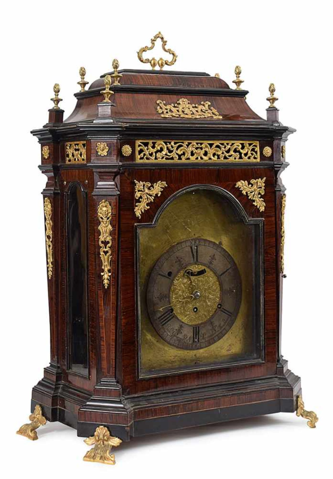 A large bois de violette and ormolu Louis XV mantel clock signed recto/verso Johann Georg Rieff in