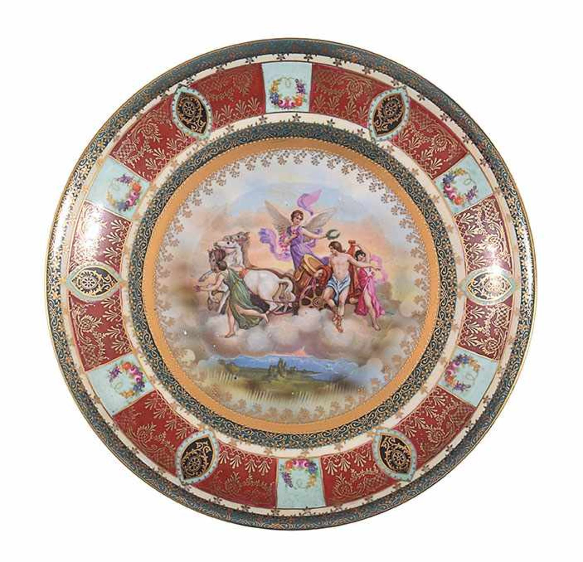 A Vienna polychrome porcelain plate painted with Apollo's wagon, early 20th century, 32cm. diam.