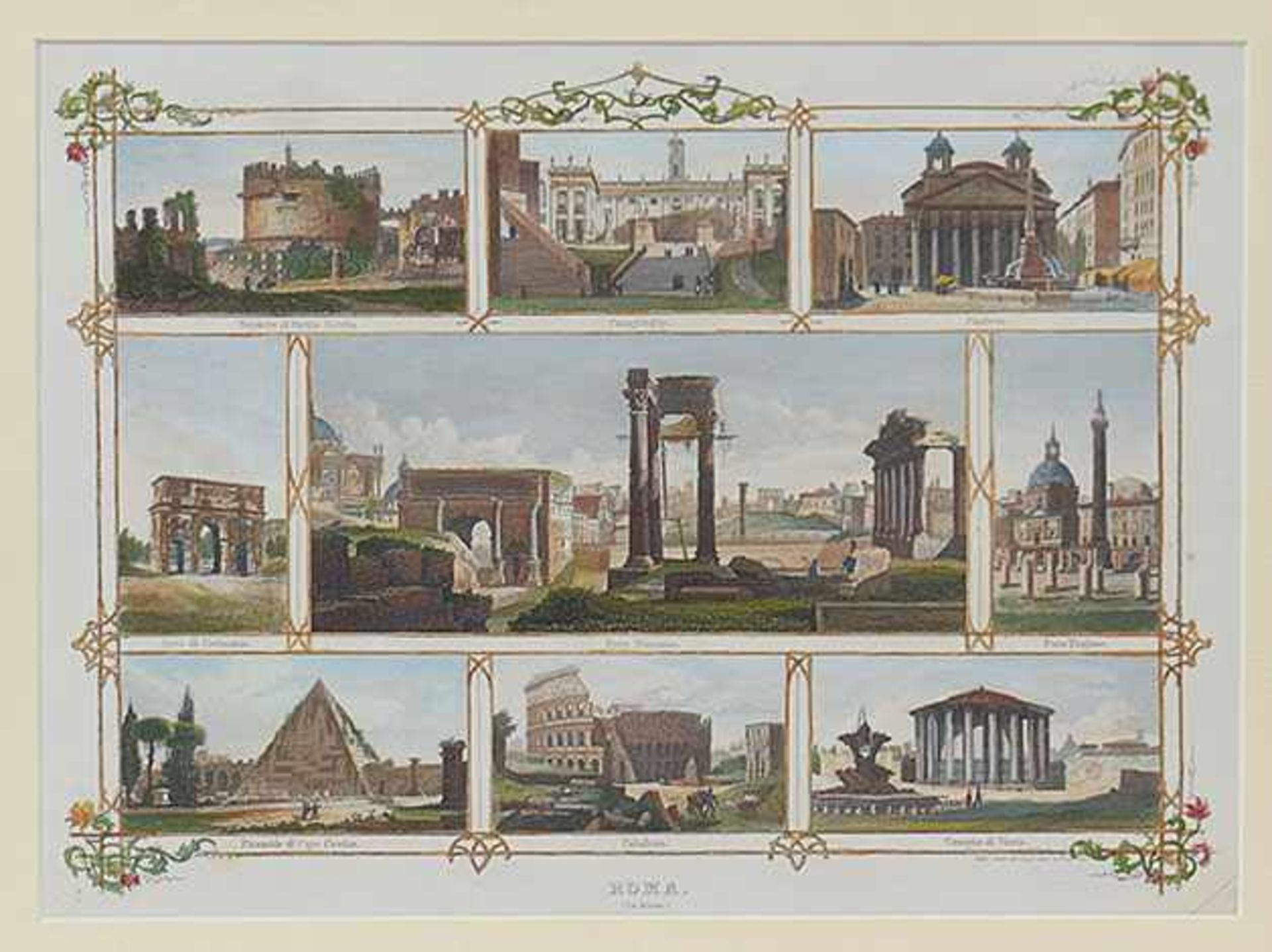 A pair of watercolored engravings with nine views of Rome each, 22by30cm. - Bild 2 aus 3