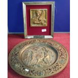 Spelter gilt wall charger, together with presentation plaque