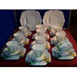 37 piece Grafton China hand painted flower design tea set with 2 cake plates