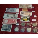 8 various coins together with 8 various bank notes