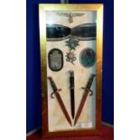 WW2 German militaria display case, includes 3 German miniature salesman sample bayonets & rare