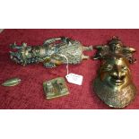 Heavy brass/bronze Benin witch doctor figure (As Found), together with brass/bronze wall mask