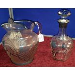 Sterling silver overlay decanter together with matching water jug