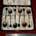 Set of six silver Walker and Hall coffee bean spoons in fitted case