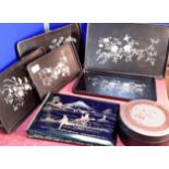 Oriental lacquered trays with possible silver inlays, together with oriental photo album & sewing