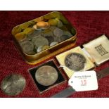 1780 Maria Theresea silver Thaler Restrike trade coin, 1937 Geogivs VI crown with box & tin of