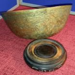 Early antique chinese bowl on hardwood stand. Has 6 figure signature stamp to the base, 20cm