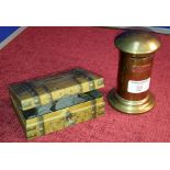 Brass novelty post box bank, together with novelty case bank, filled with mixed coins & complete