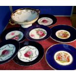 Ornate gilt two handled compote bowl (possible French), 5 various flower design plates & 2 Empire