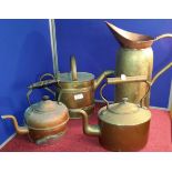 J.S & S brass water can & copper kettles & large copper & brass jug (A/F)