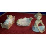 3 Nao figurines of a mermaid, shell dish & girl in bed