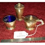 Birmingham silver 3 piece condiment set with Celtic design trim