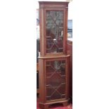 Edwardian corner display cabinet with glass front doors & key