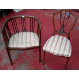 Victorian inlaid tub chair, with matching shield back chair with inlays