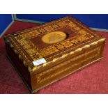 Mahogany inlaid travel box, with fitted drawer interior & on bun feet, 11x32x22cm