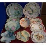 A selection of hand painted pierced trim plates, bon bon dishes & 2 handled bowl with names such