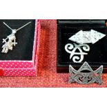 3 silver Celtic design brooches together with silver doll pendant & chain