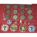 4 various cased coins, 5 Masonic pin badges & sleeve of mixed coins