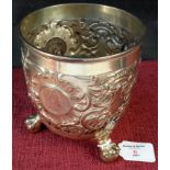 Norwegian silver 830s KOH silver ornate pot on 3 ball and claw feet, fitted on 3 1800's coins,