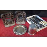 Pewter Hummingbird & thistle design bookends USA maker, EP tray & box of EP cutlery