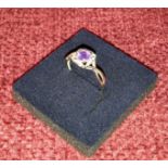 9ct white gold diamond & amethyst ladies ring with twist sides