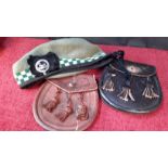 Military beret hat with Birmingham silver clan brooch, together with 2 sporran's