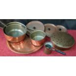 Selection of copper pots & tray etc