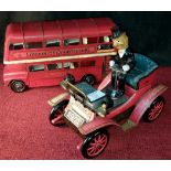 Large metal double decker London bus model together with tin plate 1901 car model made in Japan (