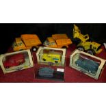 3 Saica delivery van models, 3 Tonka trucks & tank model