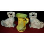 2 Staffordshire flatback fireside dogs, together with Burleigh ware pied piper water jug