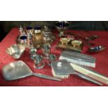 Selection of silver plated & EP ware cruets, tray, cigar case & dressing table set