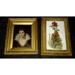 Victorian painting of flowers on milk glass together with lady portrait crystoleum