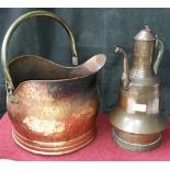 Large copper Arabic coffee pot together with copper & brass coal scuttle