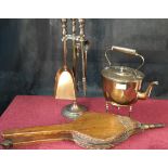 Heavy brass companion set & brass kettle with stand, together with oak, leather & brass old bellows