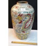 1800's stoneware kiln fired oriental vase with hand painted dragon & phoenix design, signed to the