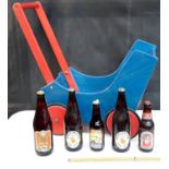 5 various collectors beer bottles & wooden cart