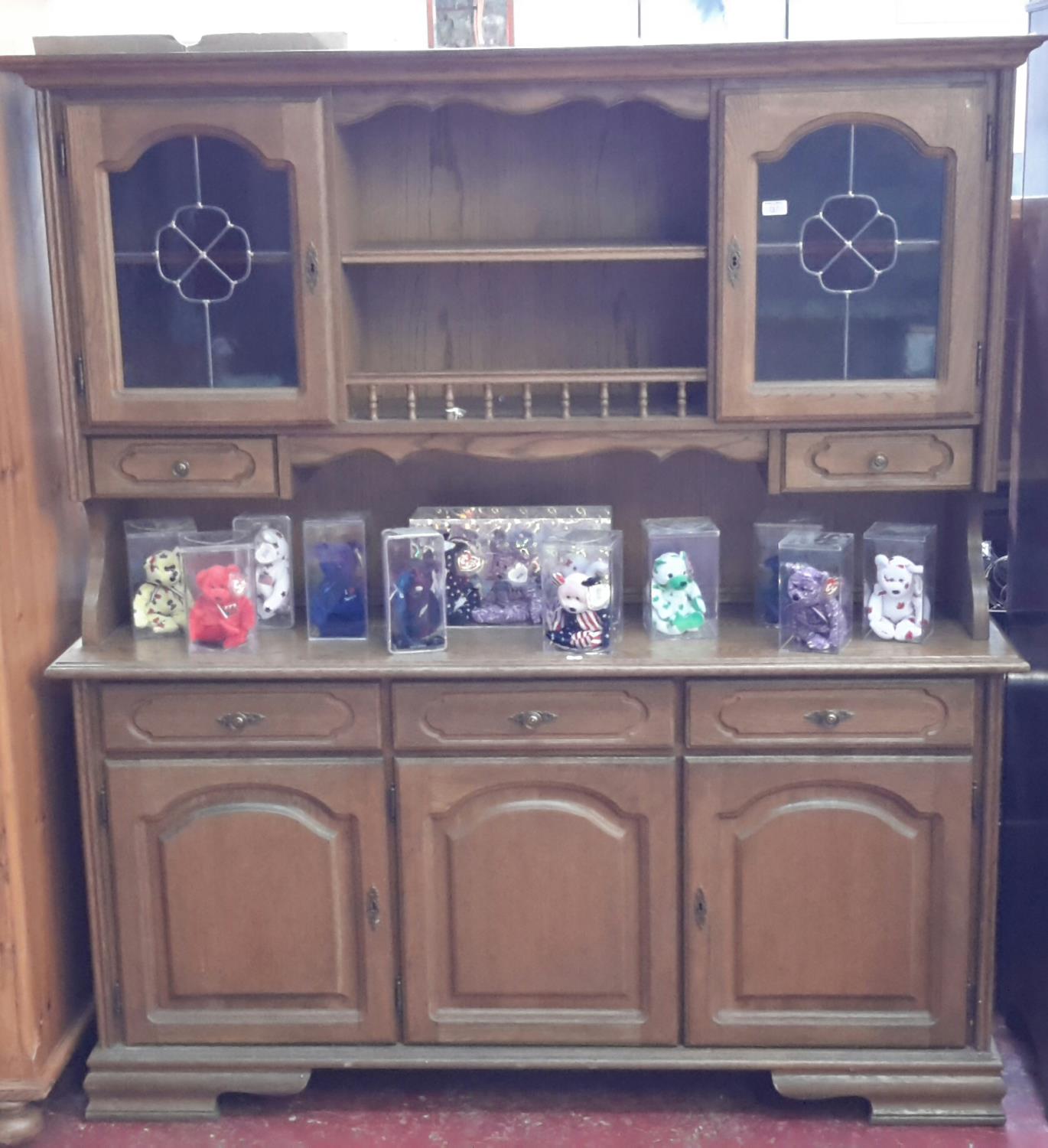 Oak kitchen dresser with lead and glass doors