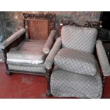 A pair of Victorian bergere fireside chairs with material cushions ( needs restoration)