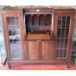 Oak bureau bookcase with 2 lead & glass doors