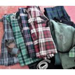 Selection of 6 various tartan kilts, a pair of trousers, 4 coats, waistcoat, ties, belts & socks