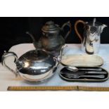 3 EP tea/coffee pots together with fork, knife & spoon in a box