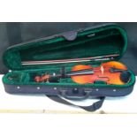 Petit violin with bow in fitted case