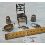 6 Silver items to include small chair & 2 thimbles etc