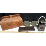Leather Indian style bag, purse, 2 American coin wall plaques & small lantern